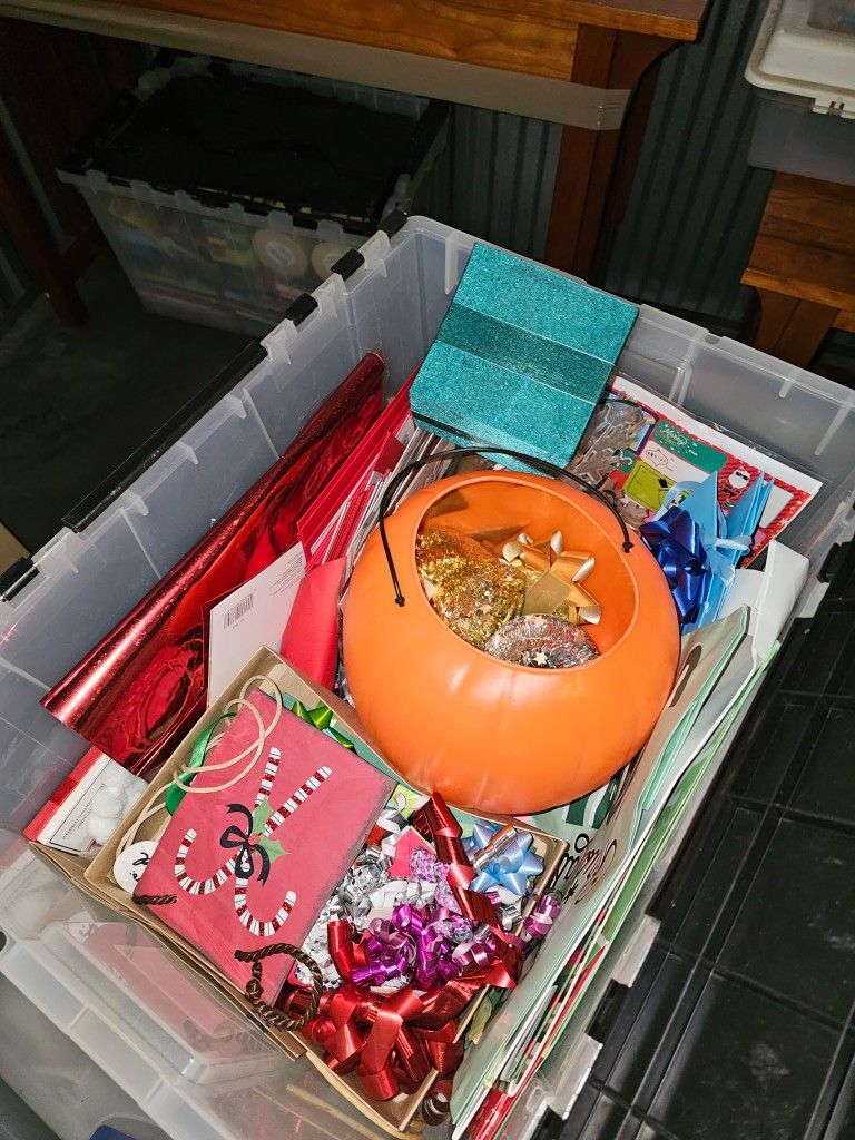 6 Big Totes Of Decorations And Art Supplies And Knick Nacks.