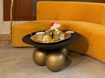 NEW! Meridian Furniture Naples Coffee Table – Gray Cement / Gold & Black Metal – Brass Accents
