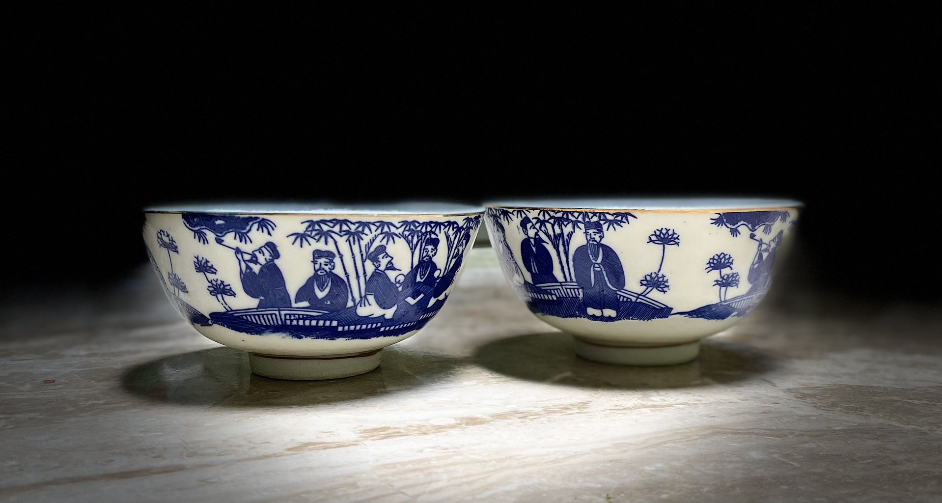 A pair of Vintage Japanese Blue & White Porcelain Footed Rice Bowl.
