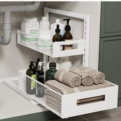 Under Sink Organizer 2 Tier – Adjustable Height Pull Out Cabinet Storage, White XL (Brand New)