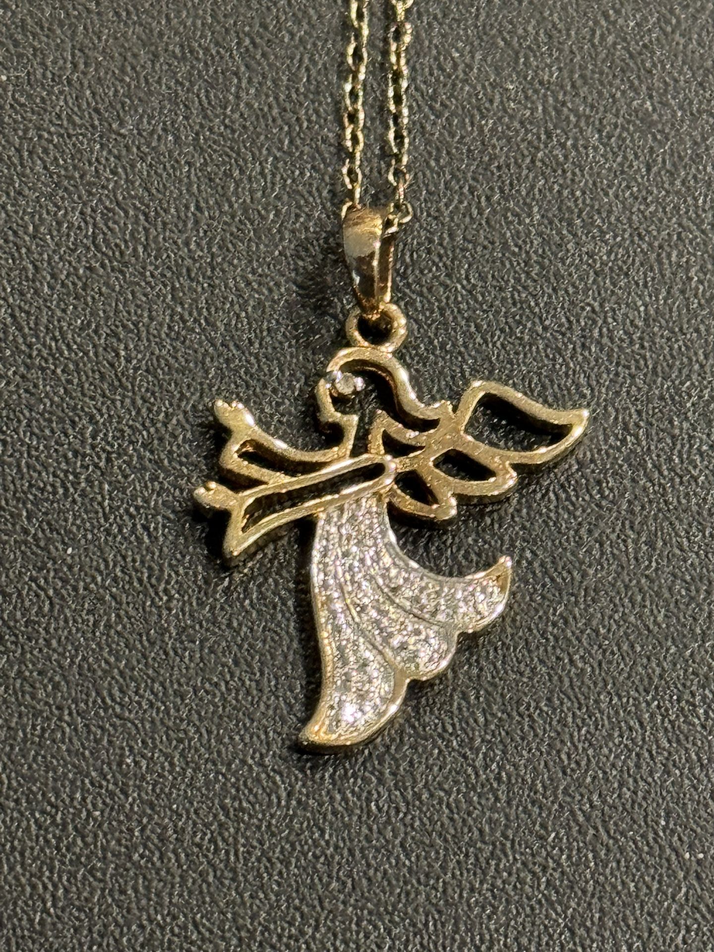 .925 Sterling Silver Gold Plated Real Diamond Angel Pendant w/ 18” chain.