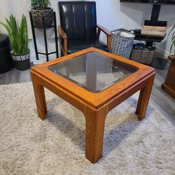 Vintage Solid Wood Coffee Or End Table With MCM Smoked Glass Top