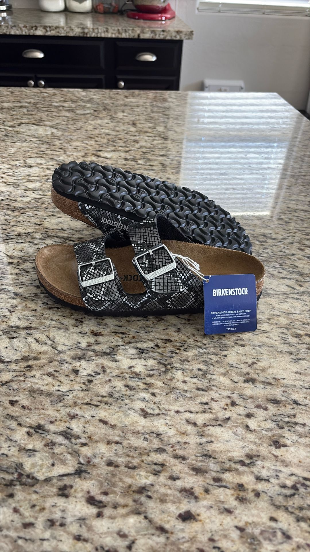 Brand New Birkenstock Arizona Slide Sandal - Women’s Grey/ White Snake Print