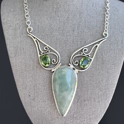Hemimorphite Larimar & Peridot Gemstone Silver 18” Necklace