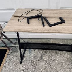 Modern Computer Desk with LED Light Strip Wood Top Black Metal Frame