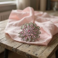 Vintage 1960s Silver-Tone Pink Rhinestone Flower Brooch, 1.75” DAMAGED