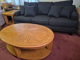 Dark Blue Farmhouse-Style Sofa with 4 Accent Pillows, Lg. Oak Coffee Table, Oak Side Table