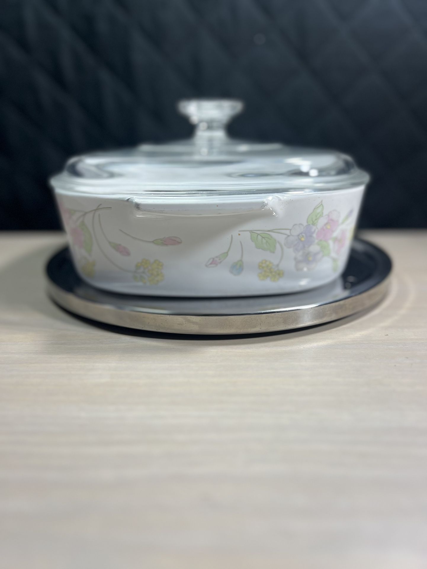 CORNING WARE Pastel Bouquet 2 Liter A-2-B Casserole Dish w/Pyrex Lid A-9-C