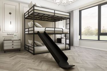Metal Full Size Loft Bed with Slide and Ladder, Black