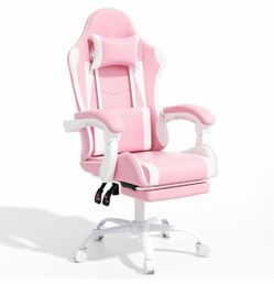 Pink and White Gaming Chair with Footrest