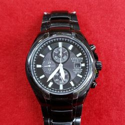 Men's Citizen Eco-Drive Titanium Sapphire WR100 Chronograph Watch - Black - No Extra Links - No Box - Working 