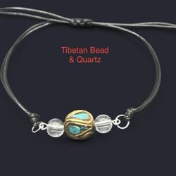 Tibetan Bead & Genuine Quartz Adjustable Wax Cord  Bracelet