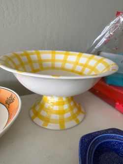 Fruit Bowl - Ceramic Pedestal Bowl Yellow Gingham