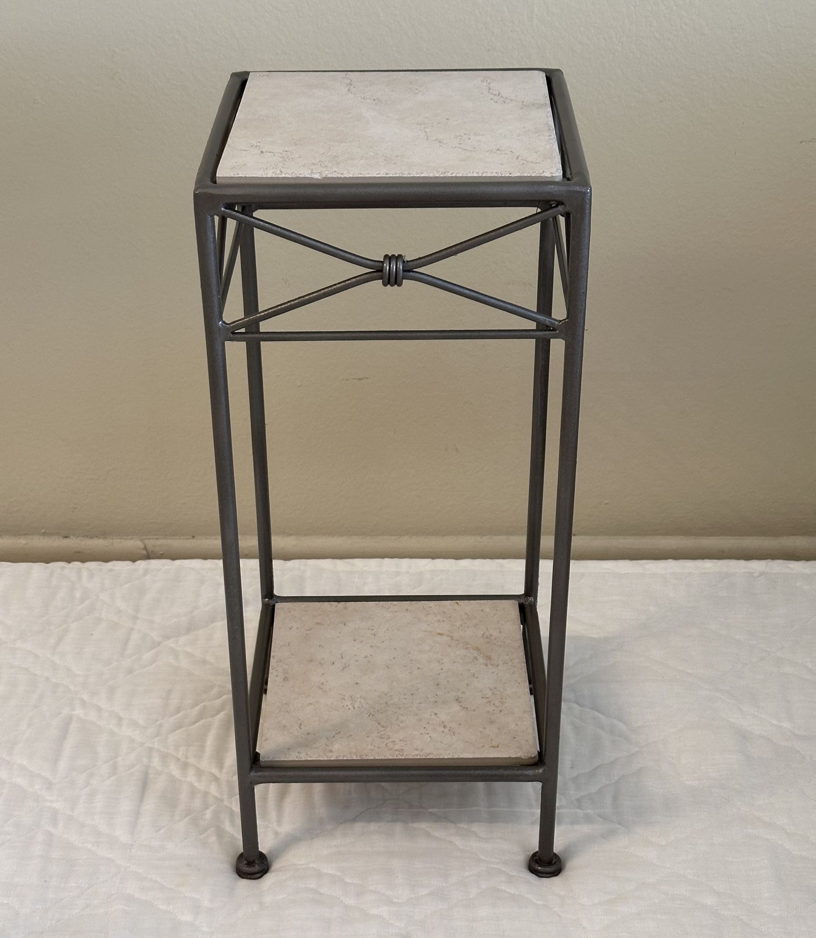 Italian Made Square Top Hammered Bronze Solid Metal Wrought Iron And Tile 2 Tier Plant Stand End Table Outdoor Patio Porch