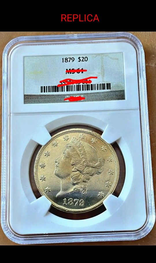 Replica 1879 $20 Double Eagle – NGC Style MS61 Holder – Gold Plated Display Coin
