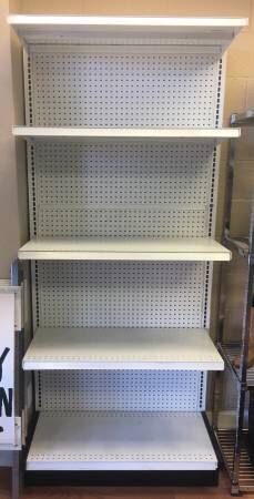 GONDOLAS SHELVING  2 GONDOLA SHELVES  BOTH SHELVES ARE THE SAME DIMENSIONS THEY ARE MATCHING  (7’ x 38.5” x 19.5”) (7’ TALL 38.5” WIDE 19.5” DEEP) EXC