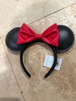 Disney Parks Black with Red Bow Faux Leather Minnie Mouse Ears Headband