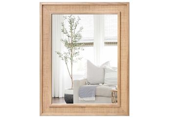 Tunjig Rattan Wall Mounted Mirror 24"x32" Wood Framed Farmhouse Hanging Bathroom Mirror Decorative Rectangle Wall Mirror Leaning Against for Bedroom
