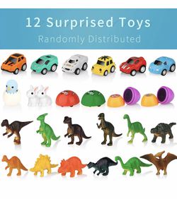 Baztoy Easter Eggs Plastic Bulk Easter Toy Gifts Party Favor Filler with Surprise Mini Toys contain Dinosaurs Vehicles Rabbits Stampers and Nestling, Thumbnail
