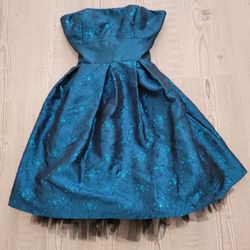 Y2K Morgan & Co. Strapless Shimmering Fit & Flare Teal Mini Dress Size 9/10