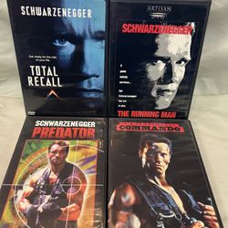 Arnold Schwarzenegger DVDs: Total Recall, The Running Man, Predator, and Commando.
