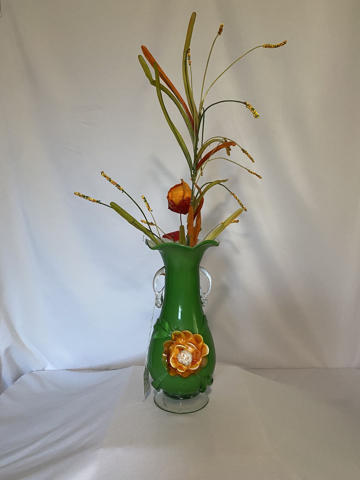 Italian Hand Blown Green With Applied Flower Art Glass Vase