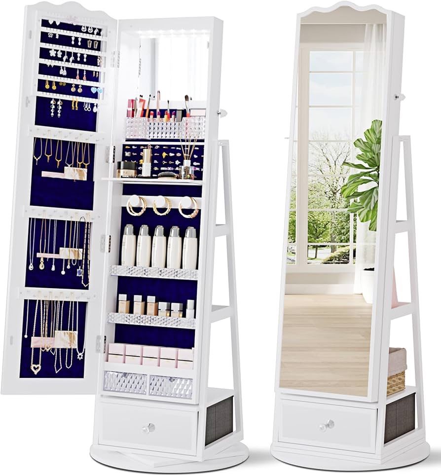 360° Rotating Jewelry Armoire with 53'' Full Length Mirror, Standing Lockable Jewelry Cabinet Organizer with Lights, Built in Makeup Mirror, Large Sto