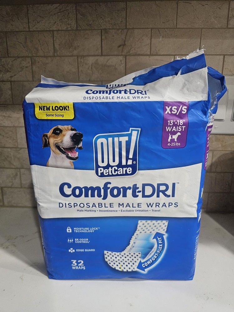 New 30ct Out petcare COMFORT DRI disposable male diaper wraps XS/S 4-25lbs 13"-18"