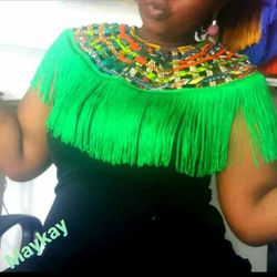 African Print Cape Necklace With Short Fringes Down