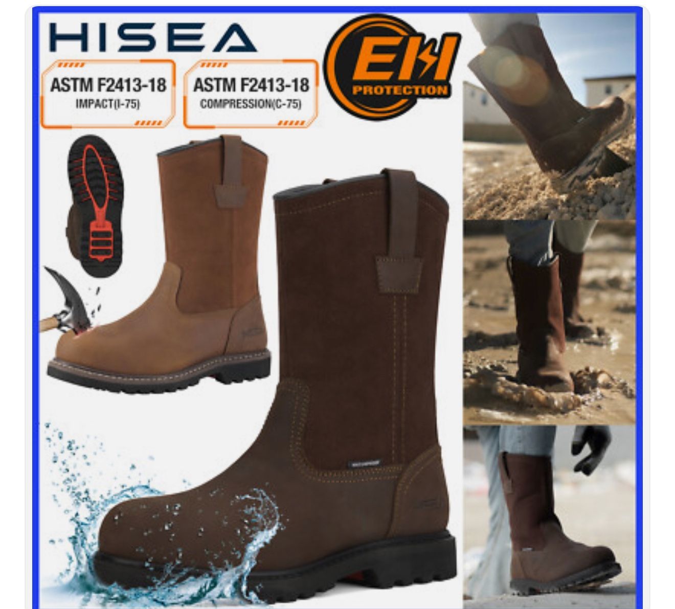 HISEA Mens Wellington Work Boots Steel/Soft Toe Waterproof Leather Western Boots