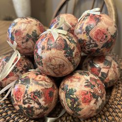 Victorian Christmas Ornaments Lot of 12 Paper Mache Decoupage Pink Floral