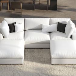114” Down Filled Sectional, 5 Seats, U Shaped Cloud Couch Sofa W/ Chaise, Ottoman White linen 
