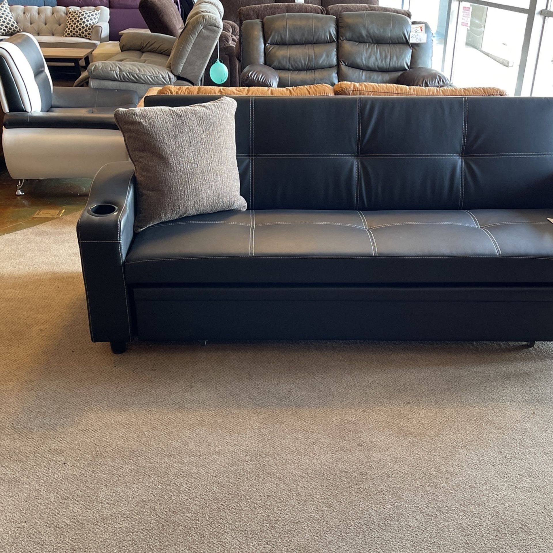 New Markdown Black Leather Pull Out Futon