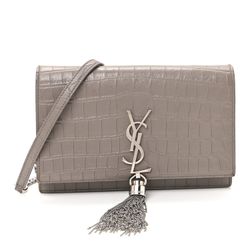 Saint Laurent Calfskin Crocodile Embossed Kate Monogram Tassel Chain Wallet