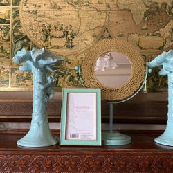 Teal Mirror ,picture Frame And 2 Candle Holders 