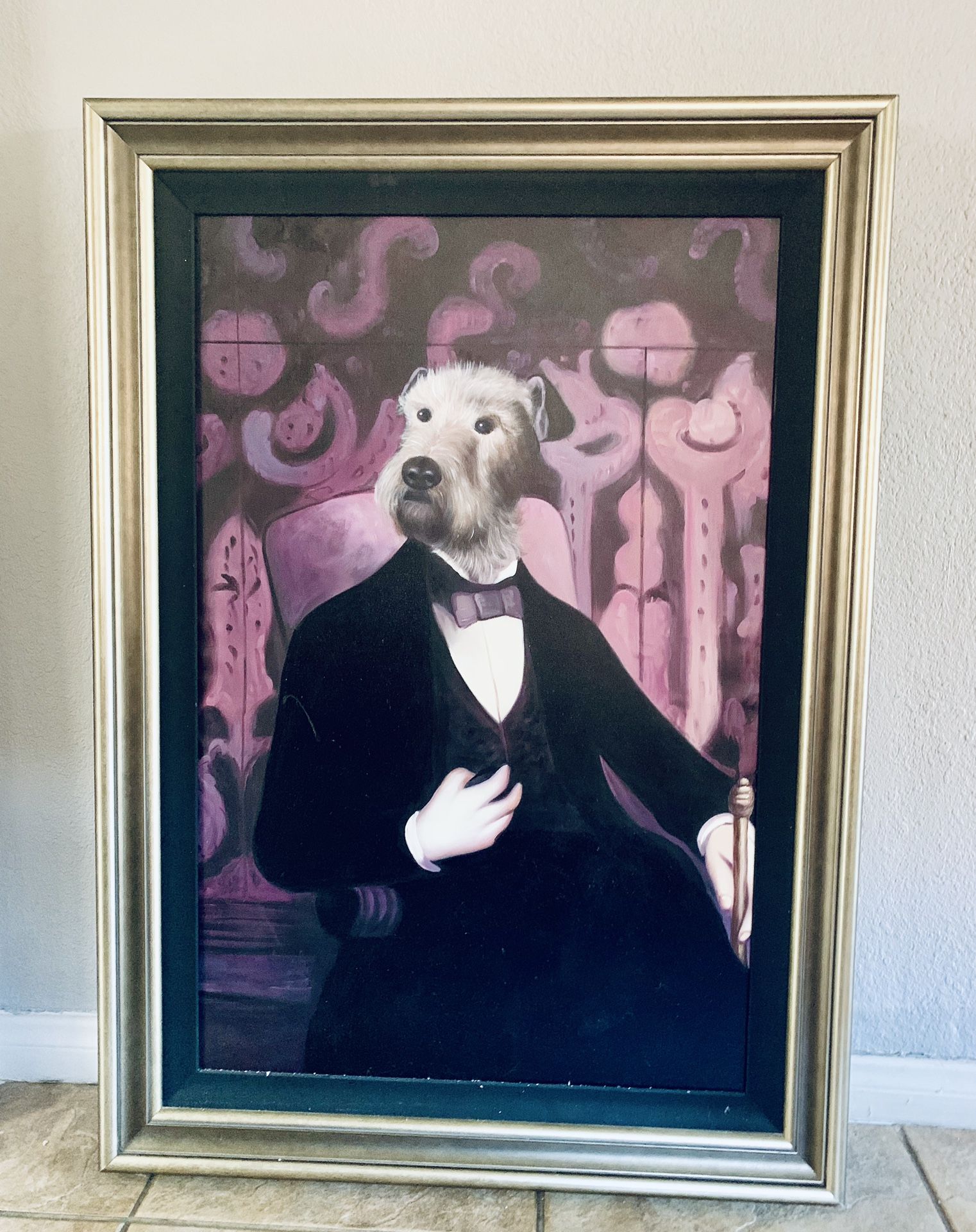 Dog oil painting in custom frame