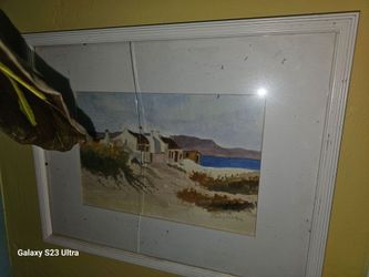 Framed Watercolor Coastal Landscape Painting