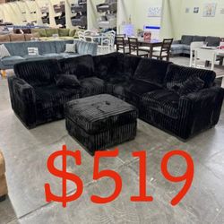 Black Jumbo Corduroy Sectional Sofa With Ottoman 99x99 "