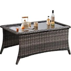 Patio Coffee Table Outdoor Rectangular Glass Table, Handwoven Rattan Patio Furniture Grey Wicker Cof