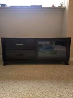 Dark Brown TV Stand with Drawers and Sliding Glass Door with Shelves