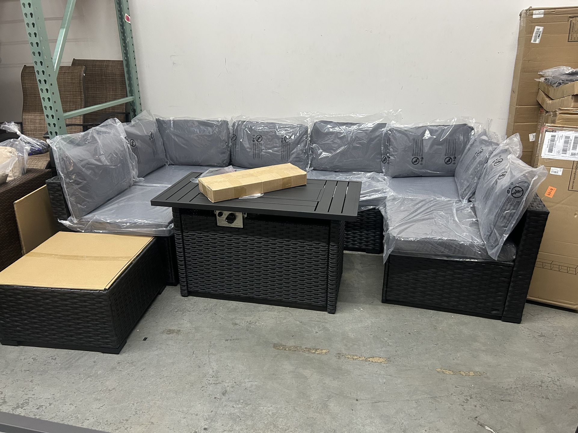 New, 8 Pieces Outdoor Patio Set With Fire Pit Table( Cushion Choice Blue/grey/beige