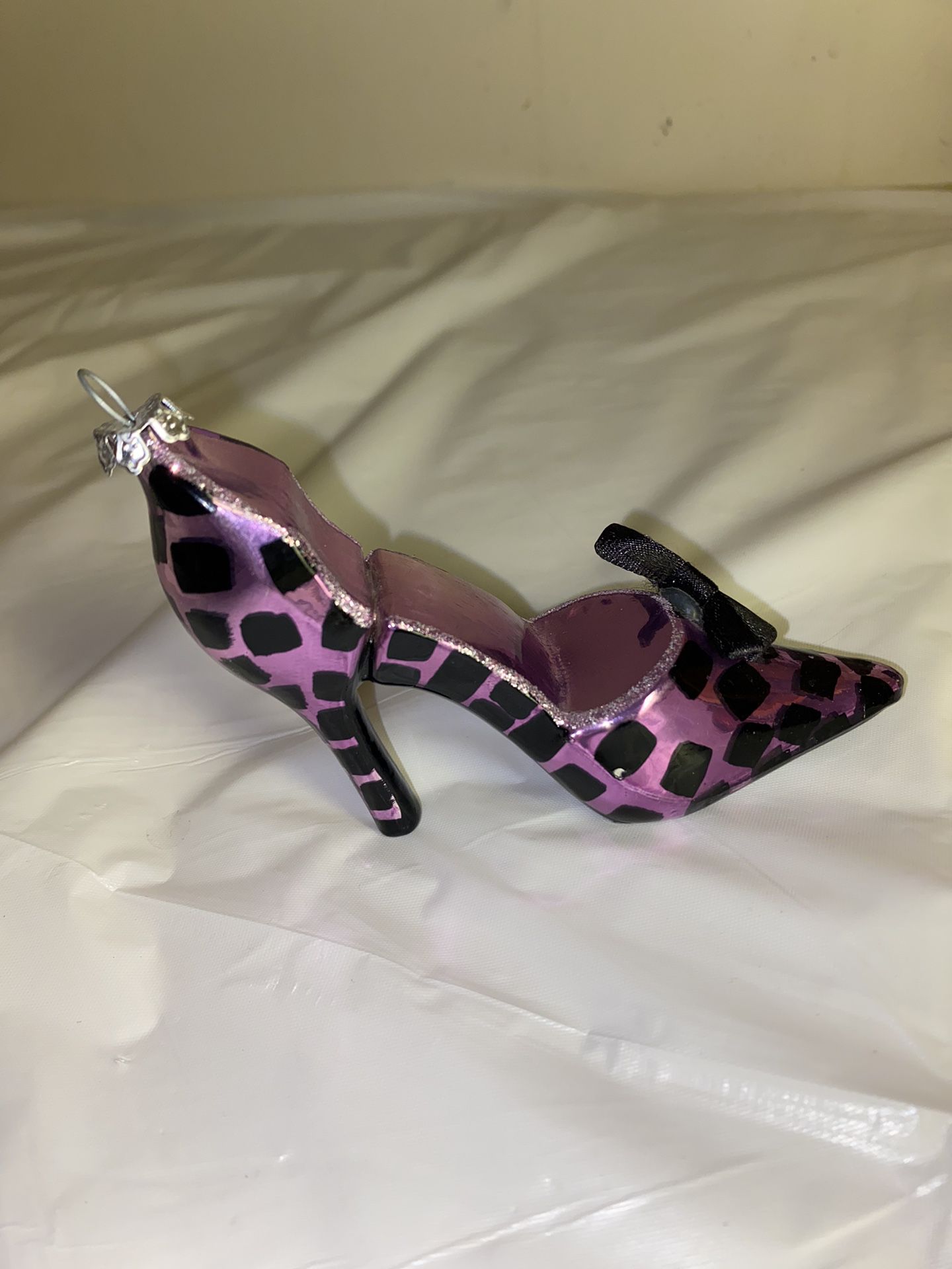 Purple Blown glass Hand Painted Ornament-Leopard Print High Heel Shoe