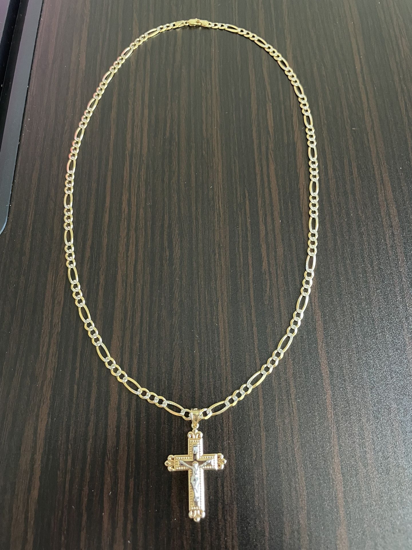 14K Gold Figaro Chain And Cross Charm 