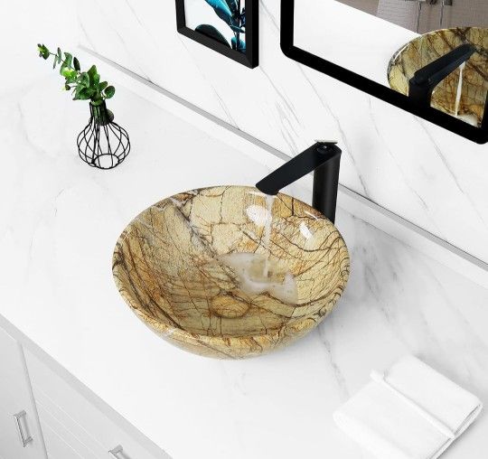 Tysun Art Basin 16.5in Round Porcelain Ceramic Vessel Sink With Matching Pop-up Drain New