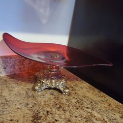 Rare 21” Antique Red Murano Glass Bowl Centerpiece Bronze Metal Base Italy Vase