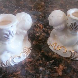 Pair Vintage White Ceramic Cherub Baby Candleholders

