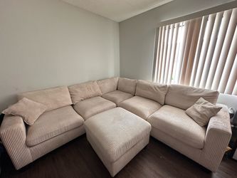 Large Beige Corduroy L-Shaped Sectional + Ottoman