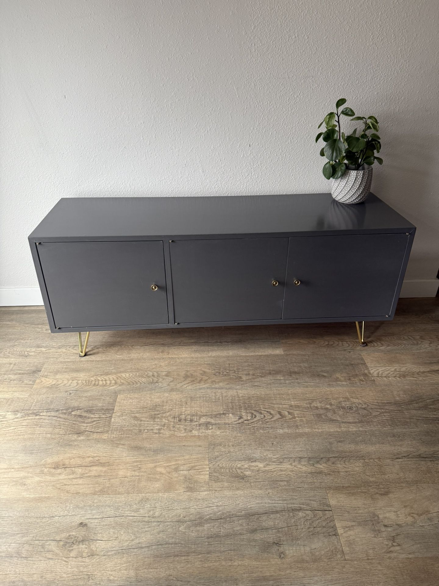 MODISH console - media center - three cabinet doors - gold hardware - storage - delivery available