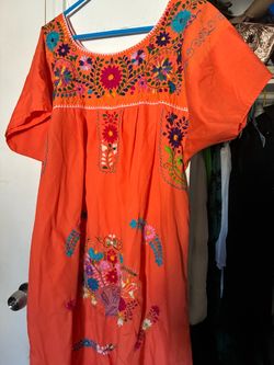 Orange Mexican Embroidered Floral Dress