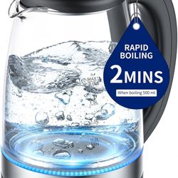 Electric Kettle Glass 2L, 1500W Fast Boiling Hot Water Boiler with Auto Shut-Off, LED Light, BPA-Free, Borosilicate Glass, Stainless Steel Interior, W